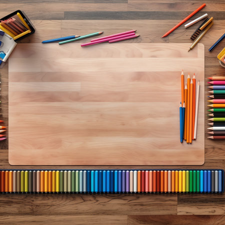 Generative AI : Drawing lesson for children and adults Pastel pencils Beautiful pastel picture many people Box with pencils on the table Many materialsの素材
