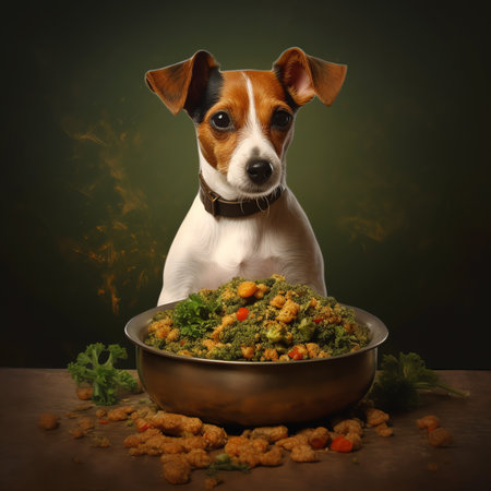 Generative AI : Dry dog vegan vegetarian food concept Raw vegetables and green near bowl with pet feedの素材