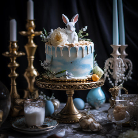 Generative AI : Easter cakes stand on a wooden tray on a linen tablecloth beautiful candles decorative ornaments hares The concept of religious holidaysの素材