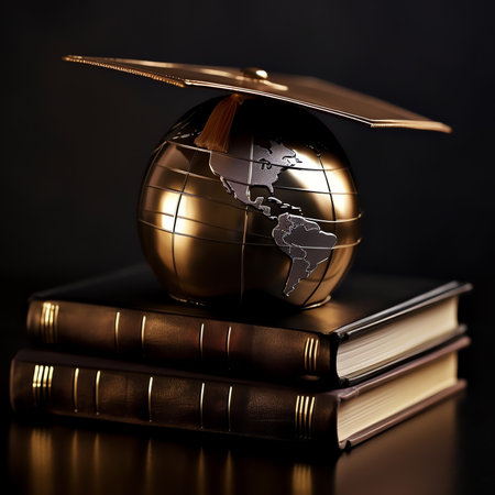 Generative AI : Education in Global world Graduation cap on Businessman holding Earth globe model map with Radar background in hands Concept of global business study abroad educatiの素材
