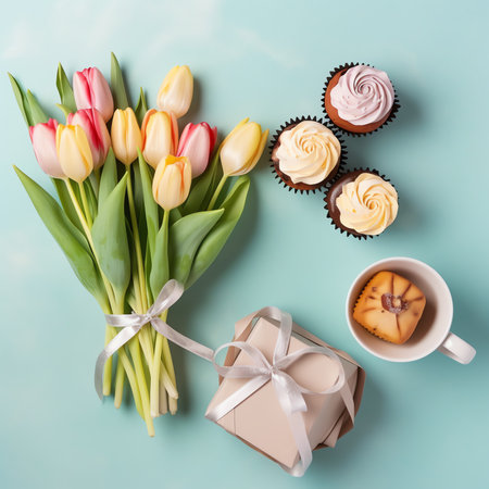 Generative AI : Easter decorations concept Top view photo of fresh flowers colorful tulips quail eggs and ceramic easter bunnies on isolated light green backgroundの素材