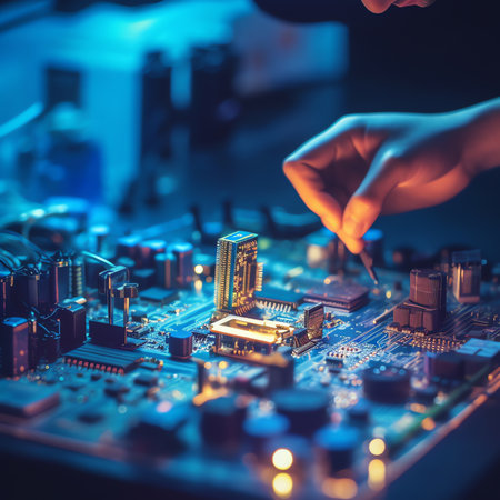 Generative AI : Electronic technician holding tweezers with microchip and assemblin a circuit board Production computer or repair pc system Selective focusの素材