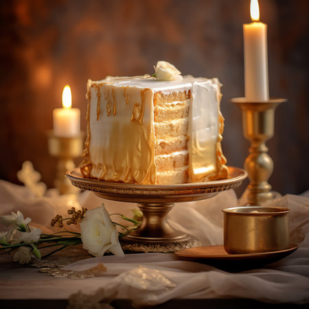 Generative AI : Easter cakes stand on a wooden tray on a linen tablecloth beautiful candles decorative ornaments hares The concept of religious holidaysの素材