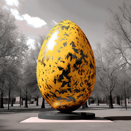Generative AI : Easter street decoration child decorates the garden with Easter eggsChilds hangs eggs on yellow branches Spring religious holiday Christian and Catholic traditionの素材
