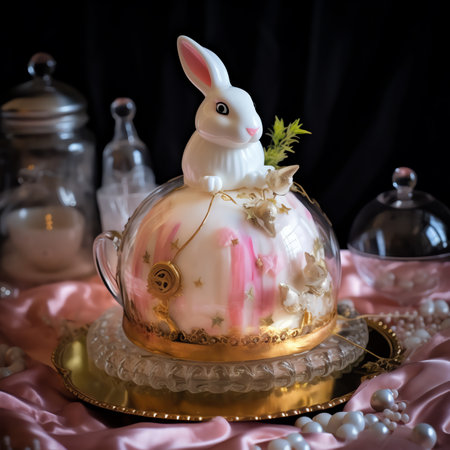 Generative AI : Easter composition with italian style homemade braid bread pink metallic colored eggs and wooden easter bunny White flowers White wooden background Selective focusの素材