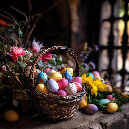 Generative AI : Easter decorations in the garden Childs hangs yellow decorative eggs on blooming pink branchesEaster tradition Spring religious holiday Christian and Catholic tradiの素材