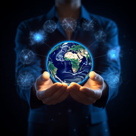Generative AI : Education in Global world Graduation cap on Businessman holding Earth globe model map with Radar background in hands Concept of global business study abroad educatiの素材