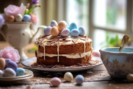 Generative AI : Easter cakes stand on a wooden tray on a linen tablecloth beautiful candles decorative ornaments hares The concept of religious holidaysの素材
