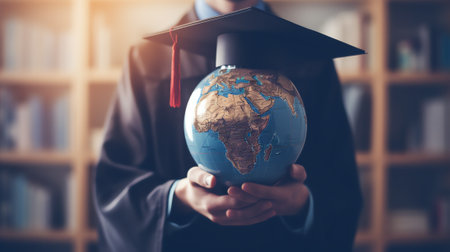 Generative AI : Education in Global world Graduation cap on Businessman holding Earth globe model map with Radar background in hands Concept of global business study abroad educatiの素材