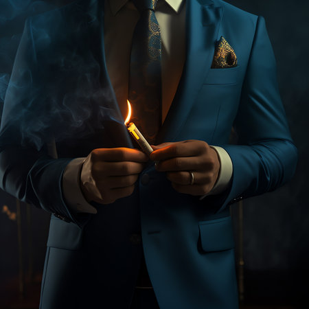 Generative AI : Elegant man in suit and tie using cologne or perfume isolated on blackの素材
