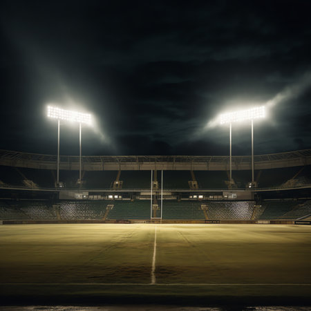 Generative AI : Empty night grand soccer arena with flashの素材