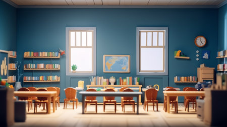 Generative AI : Empty classroom during break with laptop and other supplies on workplace of teacher and two desks equipped with microscopeの素材