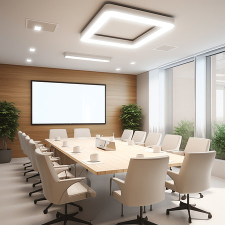 Generative AI : Empty Meeting Conference Room with TV Screen with Technical Project Plan Technologically Advanced Research and Development Officeの素材