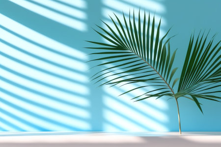 Generative AI : Empty palm shadow blue color texture pattern cement wall background Used for presentation business nature organic cosmetic products for sale shop online Summer tropの素材