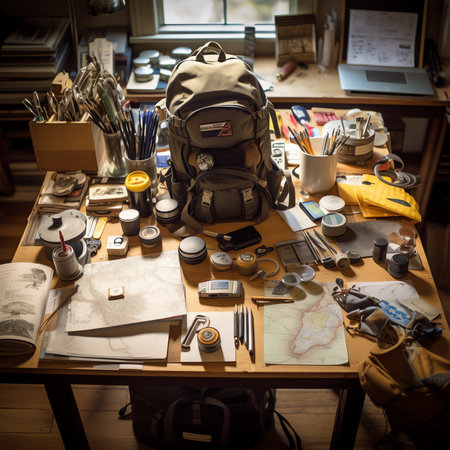 Generative AI : Emergency backpack equipment organized on the table Documents waterfood first aid kit and another items needed to surviveの素材