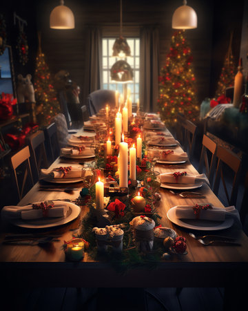 Generative AI : Empty traditional Christmas dinner table inside decorated living room with holiday garlands and dinnerware Interior of traditional and authentic season cozy settingの素材
