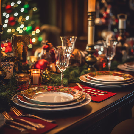 Generative AI : Empty traditional Christmas dinner table inside decorated living room with holiday garlands and dinnerware Interior of traditional and authentic season cozy settingの素材