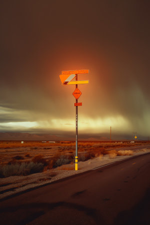 Generative AI : Empty street sign on metal post cloudy sky in the backgroundの素材
