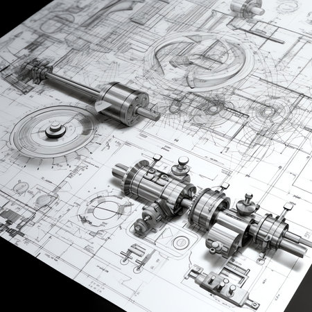 Technical drawings on the table with crankshaft and pistonsの素材