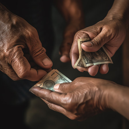 Generative AI : Empty wallet in the hands of an elderly man Poverty in retirement conceptの素材