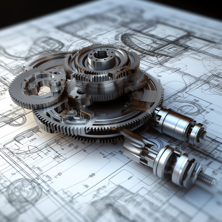 Gears and bearings on a technical drawing. 3d illustration.の素材