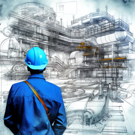 Engineer in blue helmet and blueprints on the background of the oil refinery.の素材