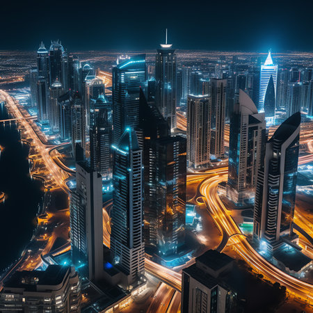 Generative AI : Fantastic nighttime skyline with illuminated skyscrapers Rooftop perspective of downtown Dubai UAEの素材