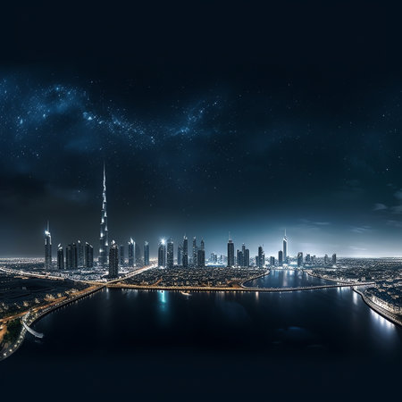 Generative AI : Fantastic nighttime skyline with illuminated skyscrapers Rooftop perspective of downtown Dubai UAEの素材