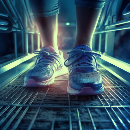 Generative AI : Feet of woman exercise workout running on treadmill at fitness gymの素材