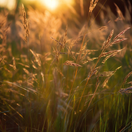 Generative AI : Feather pennisetum or Mission grass backlitght glow against the sunlight Beautiful sunset landscape of andaman sea and bokeh backgroundの素材
