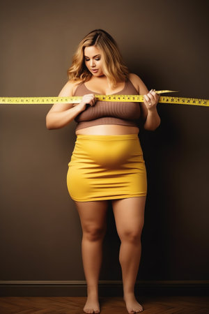 Generative AI : Fat woman use measuring tape after doing fitness try hard to lose weight in gymoverweight woman in black sportswear measure her waist checking weight lost in fitnesの素材