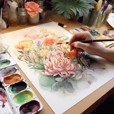 Generative AI : Female hand in process of painting pink lilies with nature watercolor flat brush in green gardenの素材