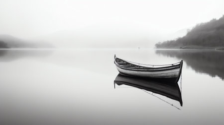 Generative AI : Fine art black white image of beautiful landscape of the beach at morning Fisherman boat and clouds reflecting in the water Long exposureの素材