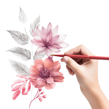 Generative AI : Female hand in process of painting pink lilies with nature watercolor flat brush in green gardenの素材