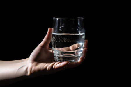 Generative AI : Female hands with glasses of water on light blue backgroundの素材