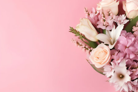 Generative AI : Flower border frame made of eustoma on a pink pastel background Greeting card template with copyspaceの素材