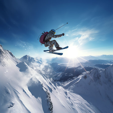 Generative AI : Flying snowboarder on mountains Extreme sportの素材