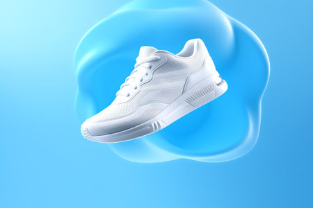 Generative AI : Flying white leather womens sneakers isolated on gray background different kind Fashionable stylish sports casual shoes Creative minimalistic layout with footwear Aの素材