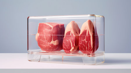 Generative AI : Food engineering lab grown beef and the diet of the genetically modified foods with scientist analyzing sample of synthetic meat in glass petri dish isolated on bluの素材