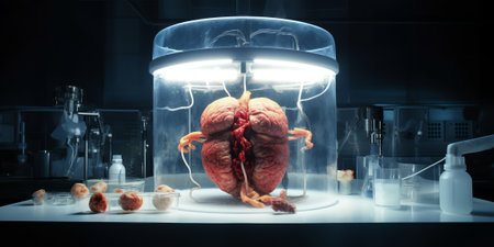 Generative AI : Food engineering lab grown beef and the diet of the genetically modified foods with scientist analyzing sample of synthetic meat in glass petri dish isolated on bluの素材