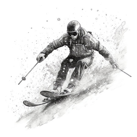Generative AI : Freeride skier with rucksack running downhill in freeze motion of snow powderの素材