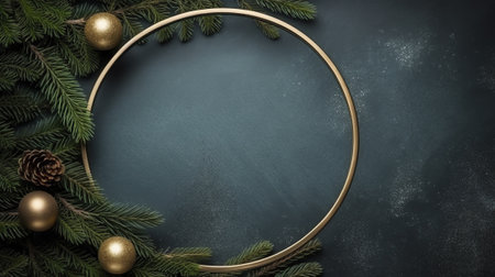 Generative AI : Frame with christmas wreath on dark background top view Merry christmas greeting card Winter xmas holiday theme Happy New Year Flat lay Twinkle glitter bokeh lightの素材
