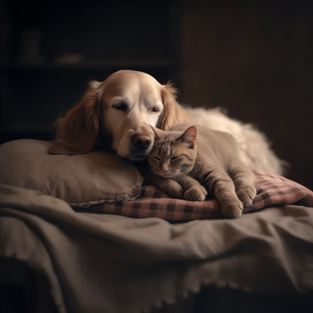 Generative AI : Friendly English Cocker spaniel puppy hugs tiny gray kitten Pets sleep together under white warm blanket on a bed at home Top down viewの素材
