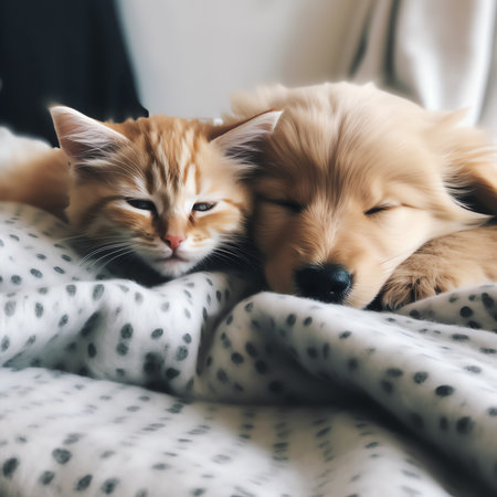 Generative AI : Friendly English Cocker spaniel puppy hugs tiny gray kitten Pets sleep together under white warm blanket on a bed at home Top down viewの素材