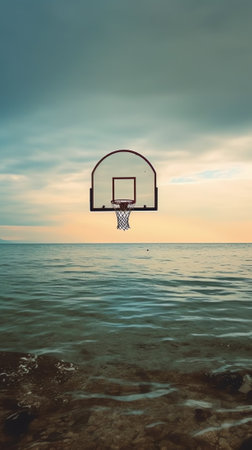 Generative AI : From below of round basketball hoop with white net attached to backboard against cloudy sky on playground in summer dayの素材