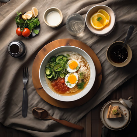 Generative AI : From above wide view of wooden table with multiple healthy meals prepared for breakfast Crop hands with kitchenwareの素材