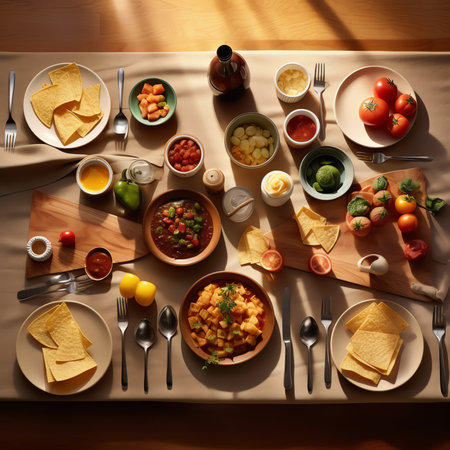 Generative AI : From above wide view of wooden table with multiple healthy meals prepared for breakfast Crop hands with kitchenwareの素材