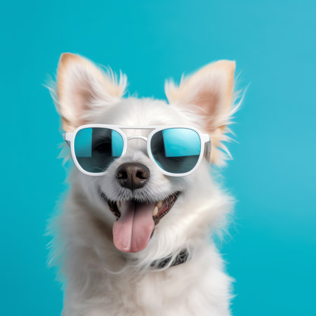 Generative AI : Funny dog in sunglasses outdoors in the summer Cute staffordshire terrier posing and smiling summer vacation and holidays conceptの素材