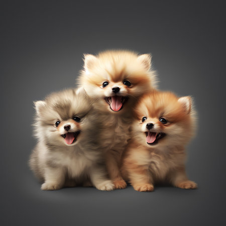 Generative AI : Funny gray kitten and smiling dogs with beautiful big eyes on trendy blue background Lovely fluffy cats puppy of pomeranian spitz and pug climbs out of hole in coloの素材