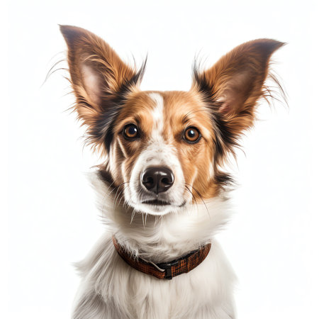 Generative AI : Funny head shot of cute red Cobberdog puppy standing facing front Looking curious towards camera Isolated on white background Tongue outの素材